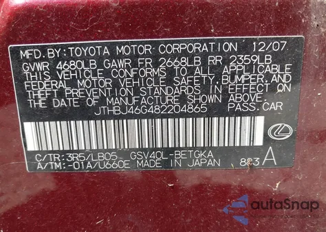 2008 Lexus Es 350 z USA, uszkodzony, nr VIN JTHBJ46G482204865